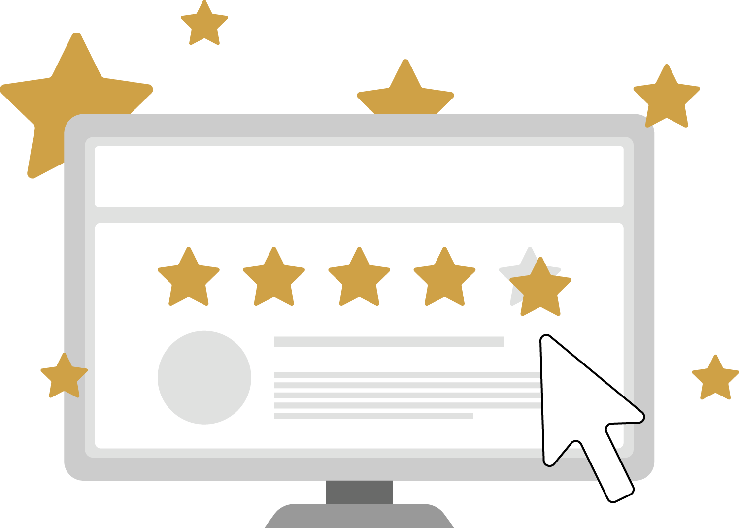 Online review rating illustration showing a monitor with a four-star review and a cursor